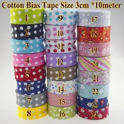 100% Cotton Bias Tape Dots, Size: 30mm,10meter Dots Bias Binding Fold Tape, Printed Big White Spots DIY Sewing