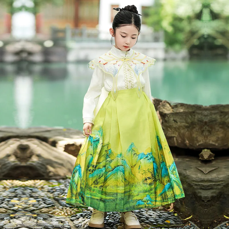 

Original Green Print Hanfu Mamianqun Chinese Traditional Clothing Girl Tang Suit Elegant Horse Face Skirt