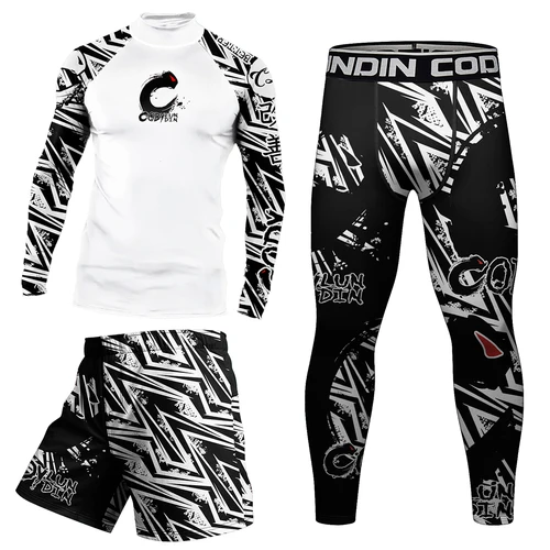 Imagen 2 del producto Camiseta con cuello simulado MMA No Gi Rashguard Jiu Jitsu + Pantalones, conjunto de camisetas de boxeo, pantalones cortos BJJ Muay Thai, Legging de compresión, traje deportivo