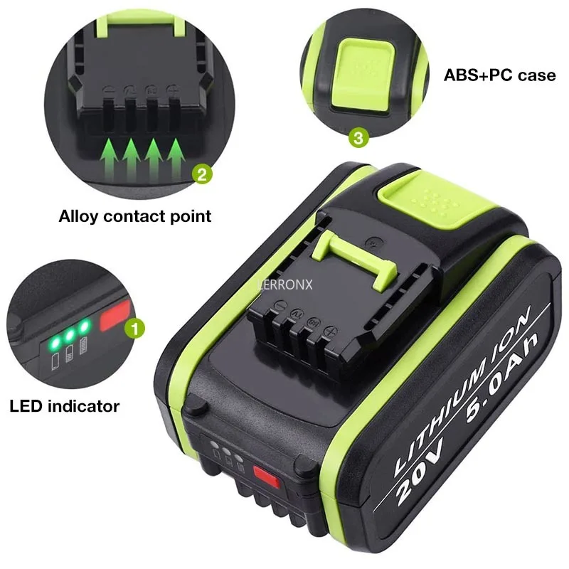 Литиевая аккумуляторная батарея WX550 20 в 5000 мАч для электроинструментов Worx WA3551, WA3553, WX390, WX176, WX178, WX386, WX678