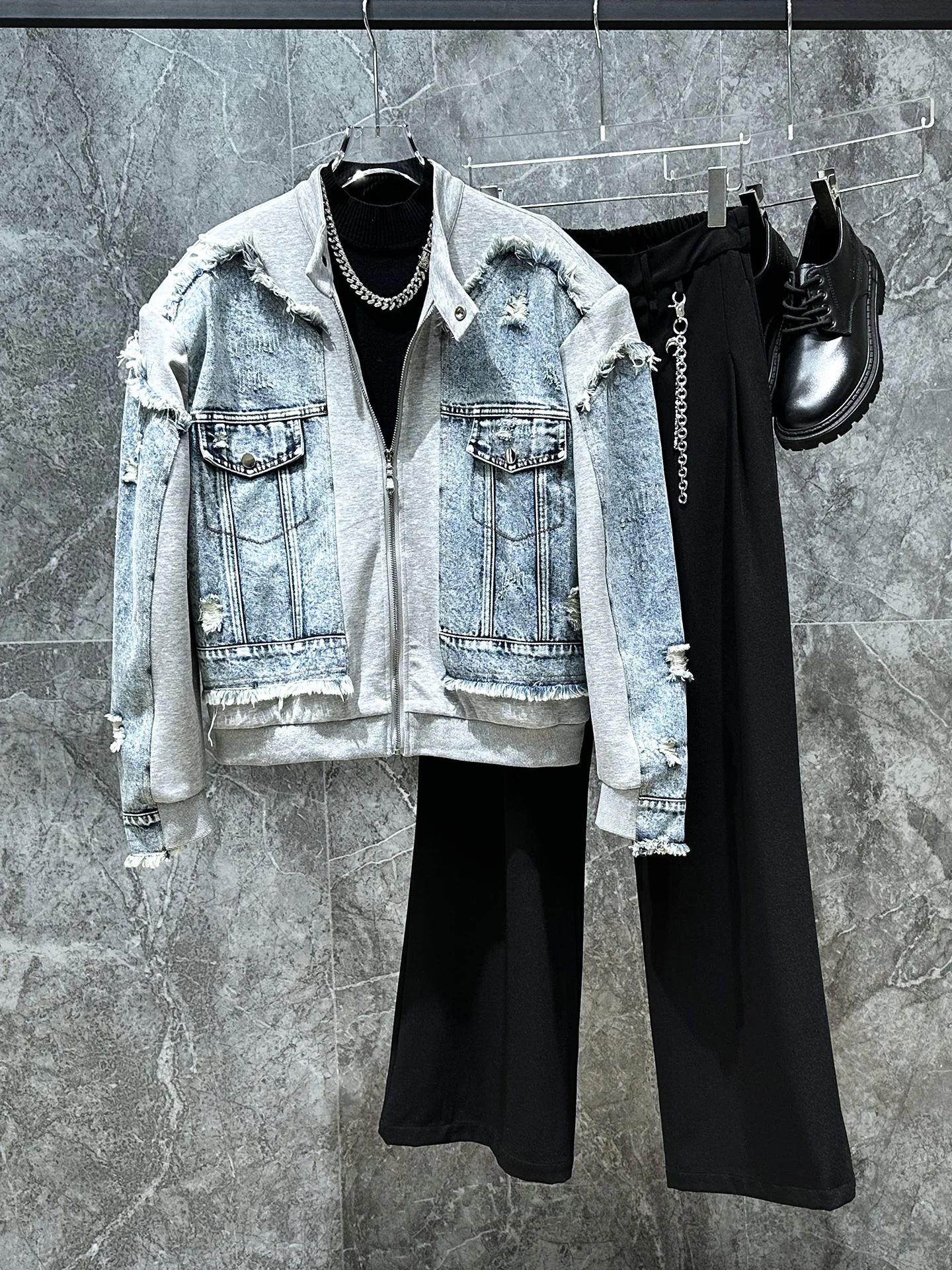 

Trendy Men's Patchwork Denim Jaet oulder Pad Frayed Hem ort High Street Sle Polyester Fiber Autumn Spring Men's Jaet