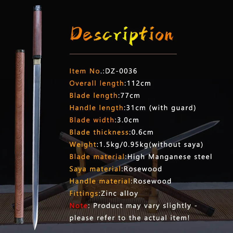 Chinese Rosewood Shirasaya Sword,Full Tang,Manganese Steel,Brass Habaki,Handicraft Tang Swords,Taichi Training,Home Decoration