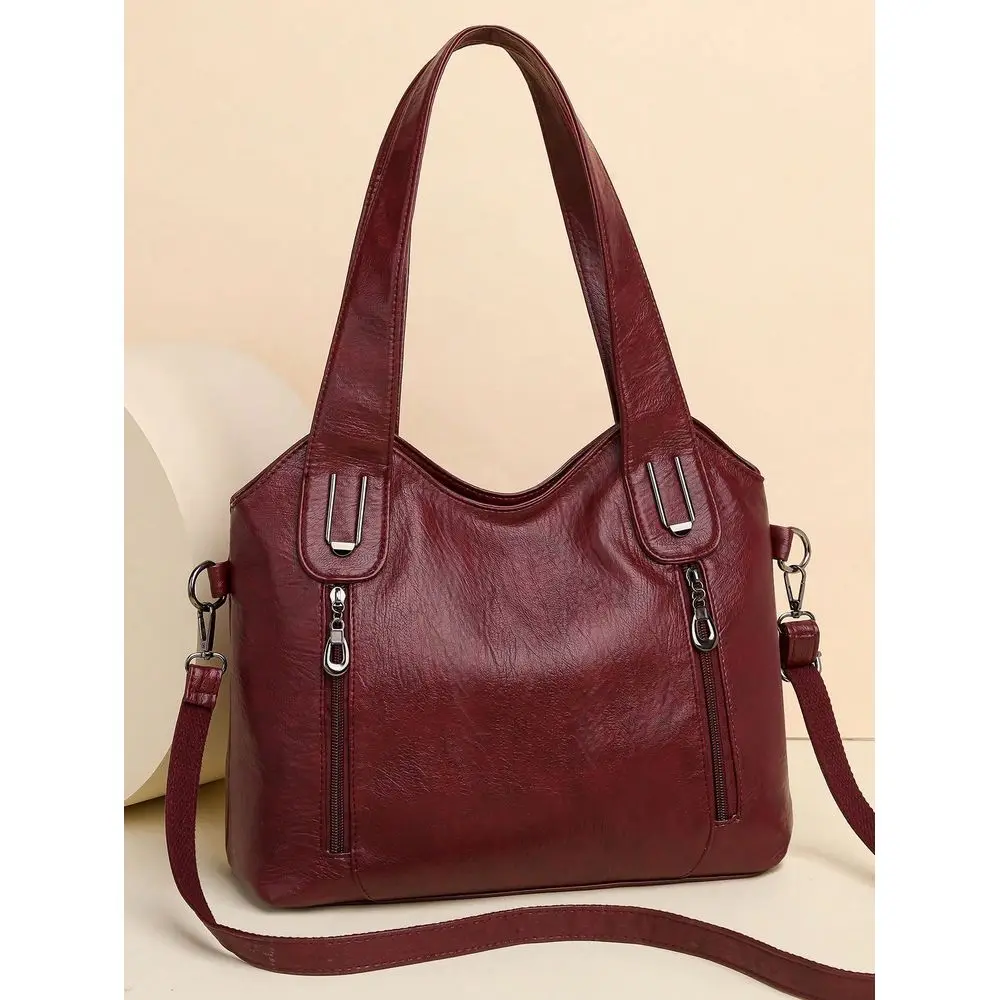 

Solid Color Leather Handbag, Vintage PU Crossbody Satchel Bag, Front Back Zipper Pockets, Large Capacity Women Shoulder Bag For