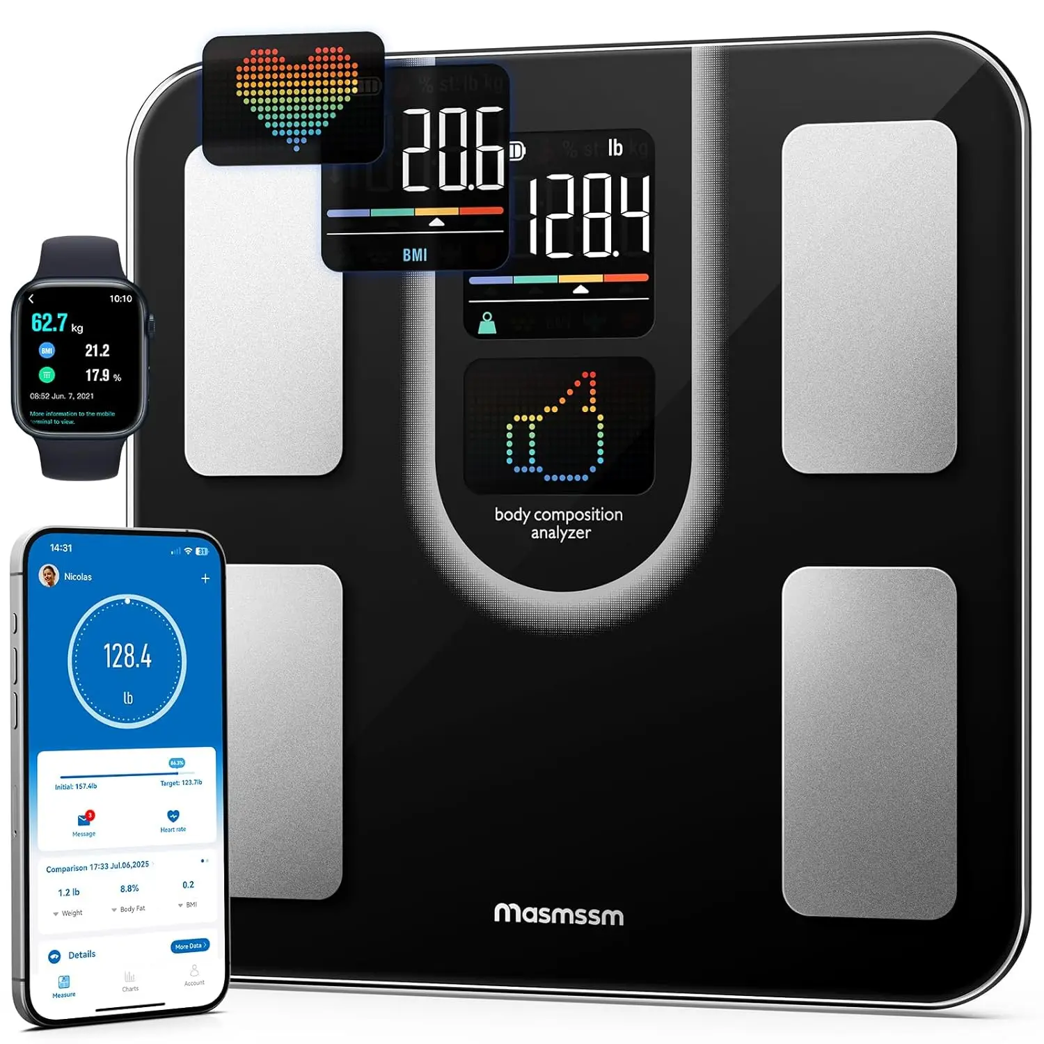

Smart Scale for Body Weight with 9-in-1 VA Display, 22 Body Metrics, Heart Rate, BMI, Body Fat, Muscle Mass, Compatible with iOS