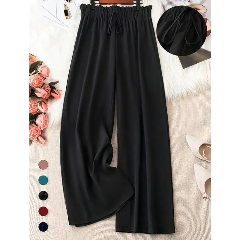 

Large Size Pure Color Belted Front Open Elastic Waist Wide Leg Casual Pants ex PVC Material Straight Cut Winter Sle