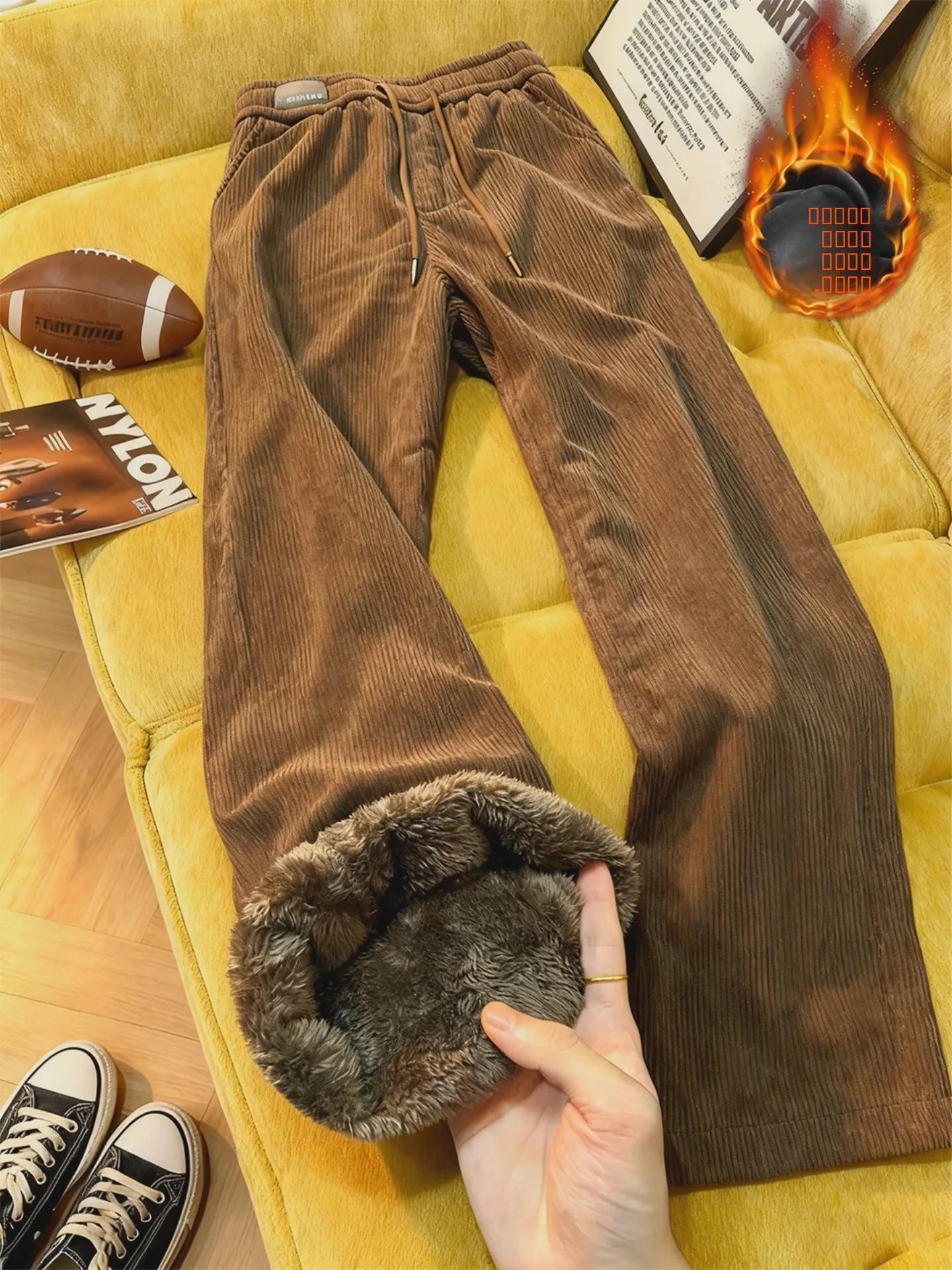 

Retro American Sle Thiened Fce Lined Corduroy Pants for Men And Women Winter Outerwear Cotton Pants in Coffee Color