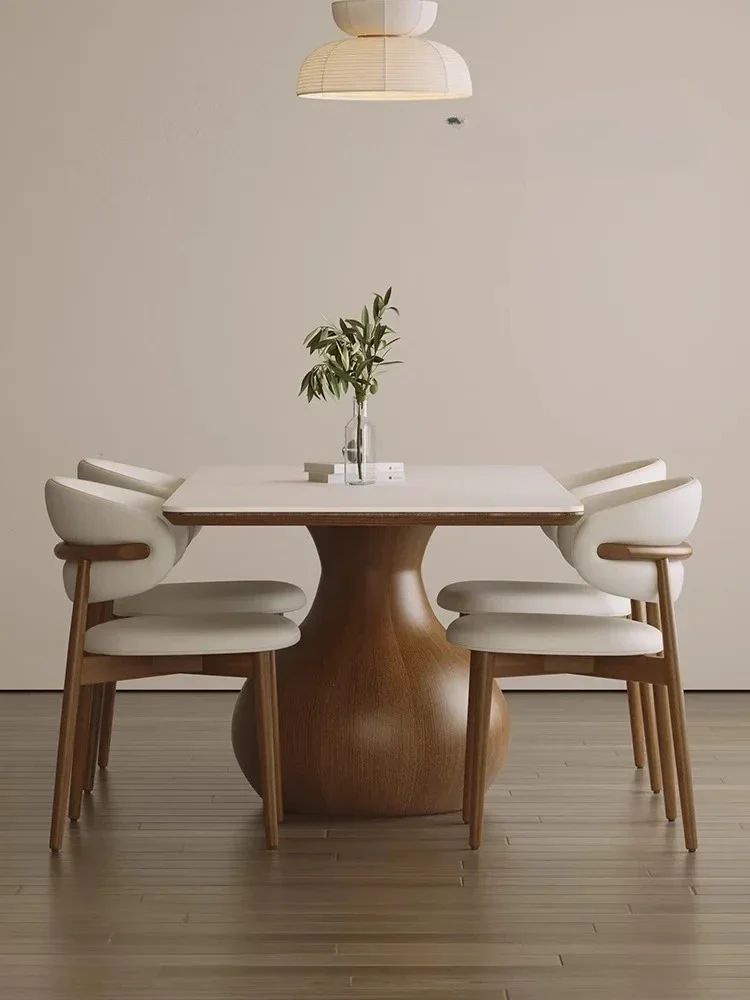 

Nordic Solid Wood Dining Tables and Chairs Set Small Apartment Dining Table Walnut White Wax Wood Stone Plate Dining Table