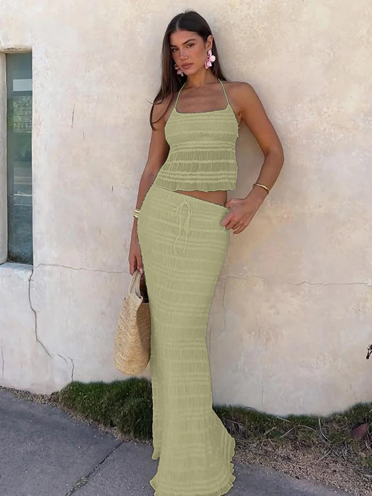 Nibber Mesh 2-delige set dames doorzichtige halter vetersluiting backless crop tops + losse elegante lange rokken vakantie trend outfits