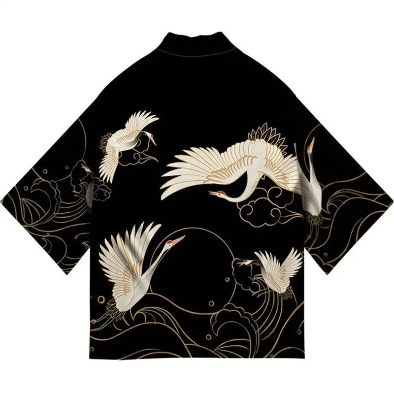 ثوب الكيمونو الياباني سترة يوكاتا الساموراي رجل إمرأة كرين طباعة قميص الشاطئ Haori Harajuku Obi النمط الصيني ملابس الشارع الآسيوية 5XL #3