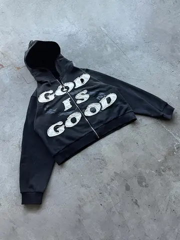 Men's Vintage Washed Black Zip up Hoodie "Good Is Good" Oversized Streetwear Jacket with Letter Patchwork