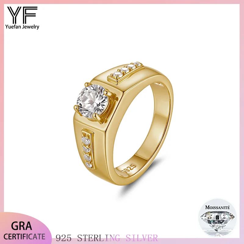 

Мужское кольцо из серебра 925 пробы с муассанитом на 1 карат, позолоченное 18 карат, сертифицированное VVS, нишевый дизайн, юбилейные украшения для пары