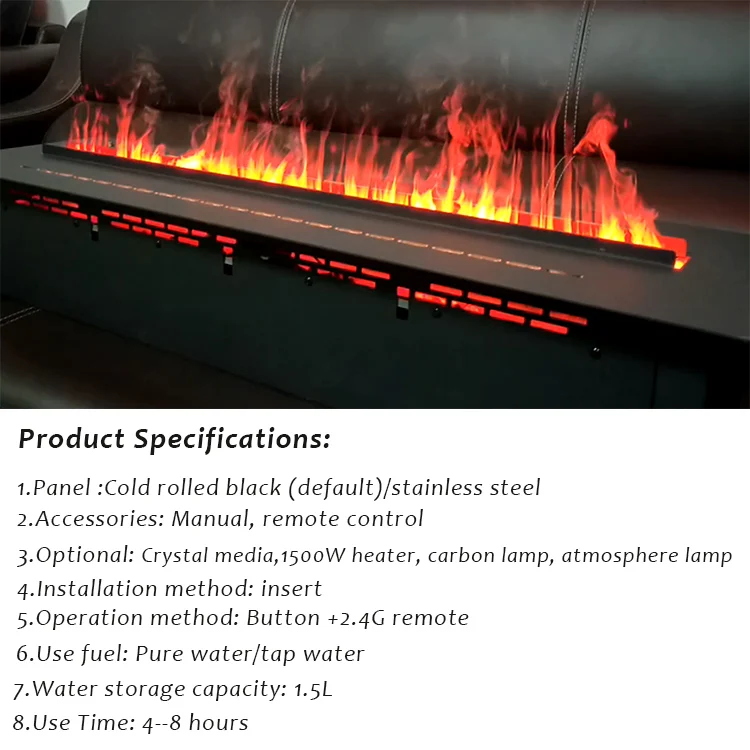 Lareira elétrica 3D Vapor com chama LED, lareira a vapor de água, inserção, 1000mm, 7 cores