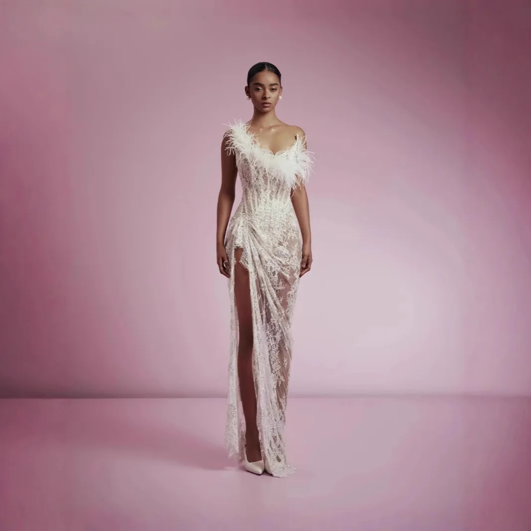 

Women Evening Dresses Tube Top Ostrich Hair Decoration On The Chest Splicing Embroidered Fish Bone Split This Week White Lace
