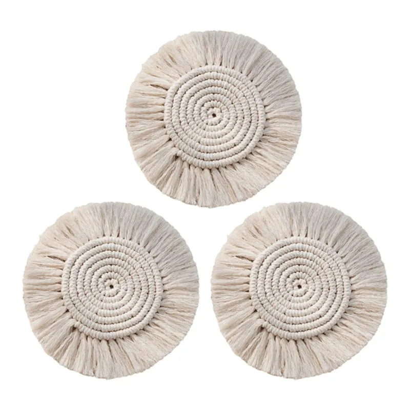 3Pcs 18Cm Round Cotton Coasters Insulation Coffee Pad Placemat Non-Slip Handmade Macrame Cup Cushion Mat For Table