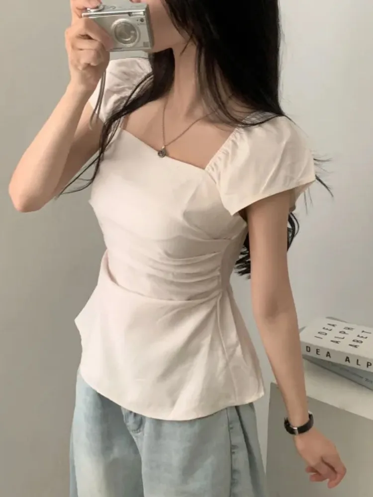 

Retro Square Collar Waist-Cinching Belted irt Women's Summer New Design Sensual Pure Desire Sle Slimming Top