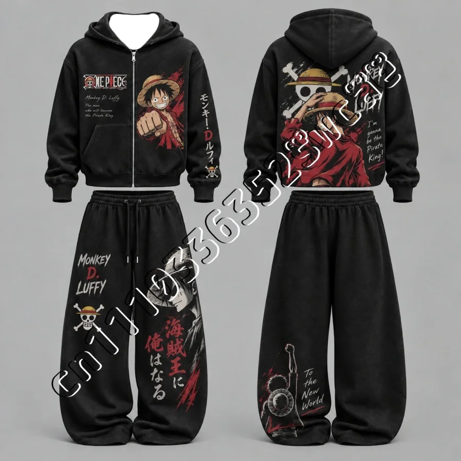 26/27 Neues One Piece Luffy & Zoro Zip-Up Hoodie-Set, Herbst-Winter, trendiges Unisex-Street-Fashion-2-Teiler-Outfit, passend für die ganze Familie – Detail 11