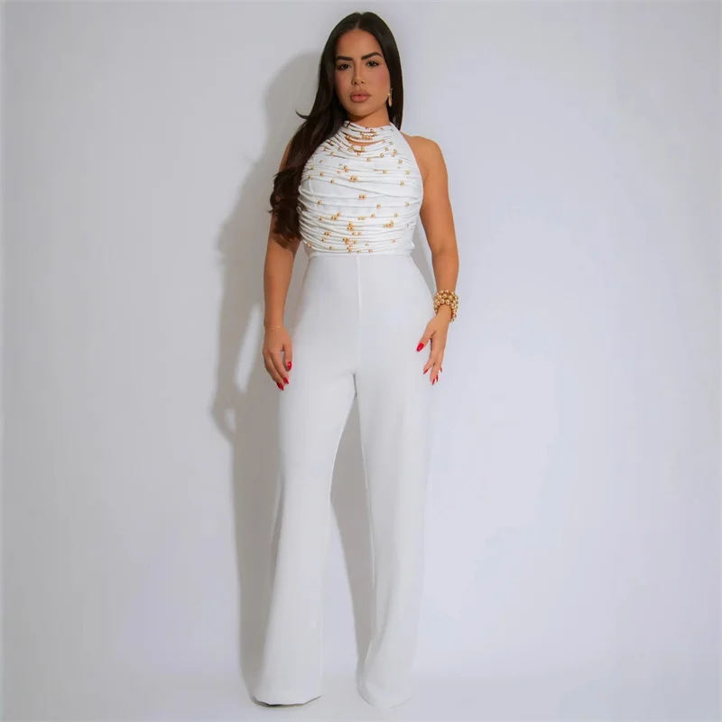 Sexy Halter Backless Jumpsuit Woman Elegant High Waist Flare Pants Sleeveless Beading Ruched Party Romper Birthday Club Outfits