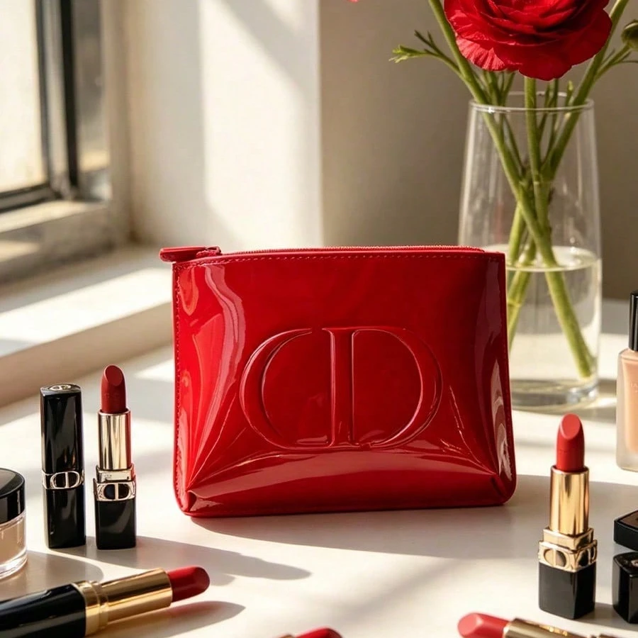 Dior’s bag Premium Fabric Red Cosmetic Bag For Lipstick Blush & Powder Puff Storage Portable Makeup Organizer Perfect For Girls
