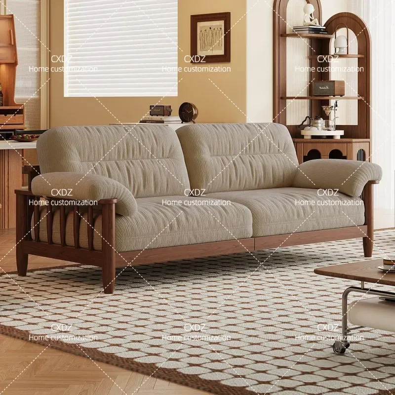 Cream style fabric sofa living room rental house size chenille three-person ash wood cat fleece sofa