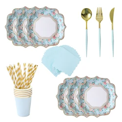 Floral Tea Party Disposable Tableware 9inch Plates Flag Cake Rack Flower Teacups Tea Garden Birthday Bridal Baby Shower Decor