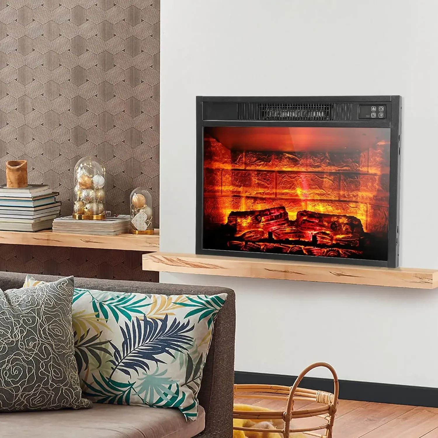 

23 Inches Electric Fireplace Insert Heater, Realistic Adjustable Flames and Red Brick Backdrop, Built-in Timer & Thermostat