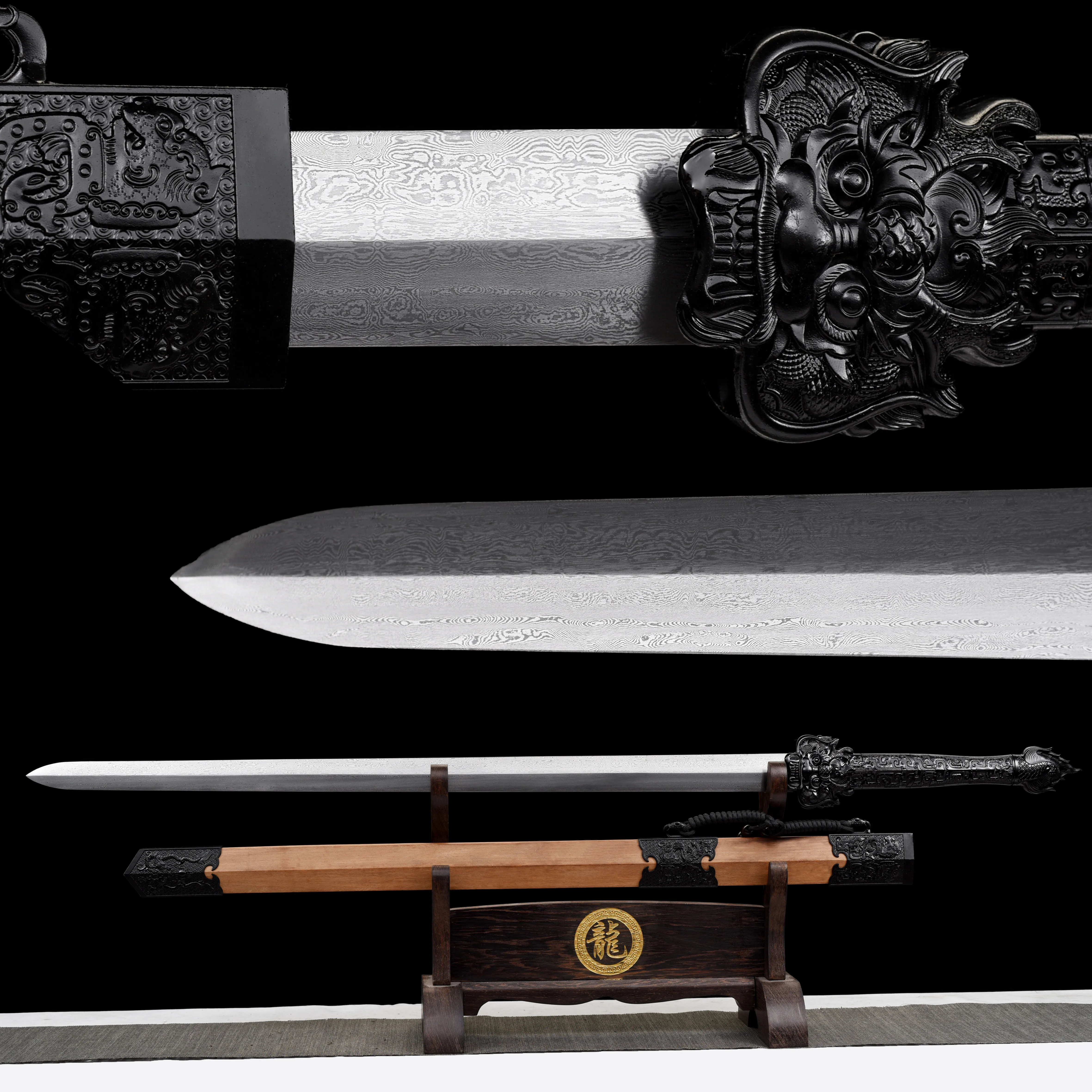 Medieval cosplay Chinese Black Dragon Warrior Sword Damascus steel katana Sharp weapons full tang Ninja martial arts battle