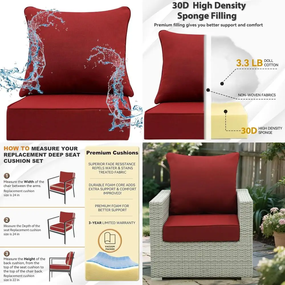 

24 Outdoor Deep Seat Cushion Set - Olefin Fabric, Weatherproof & Fade-Resistant, Removable Cover