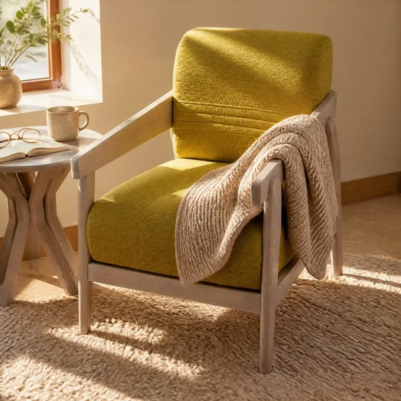 Nordic Style Living Room Chair Light Log Color Red Oak Fabric Upholstered Foam Filled Skin-friendly 2