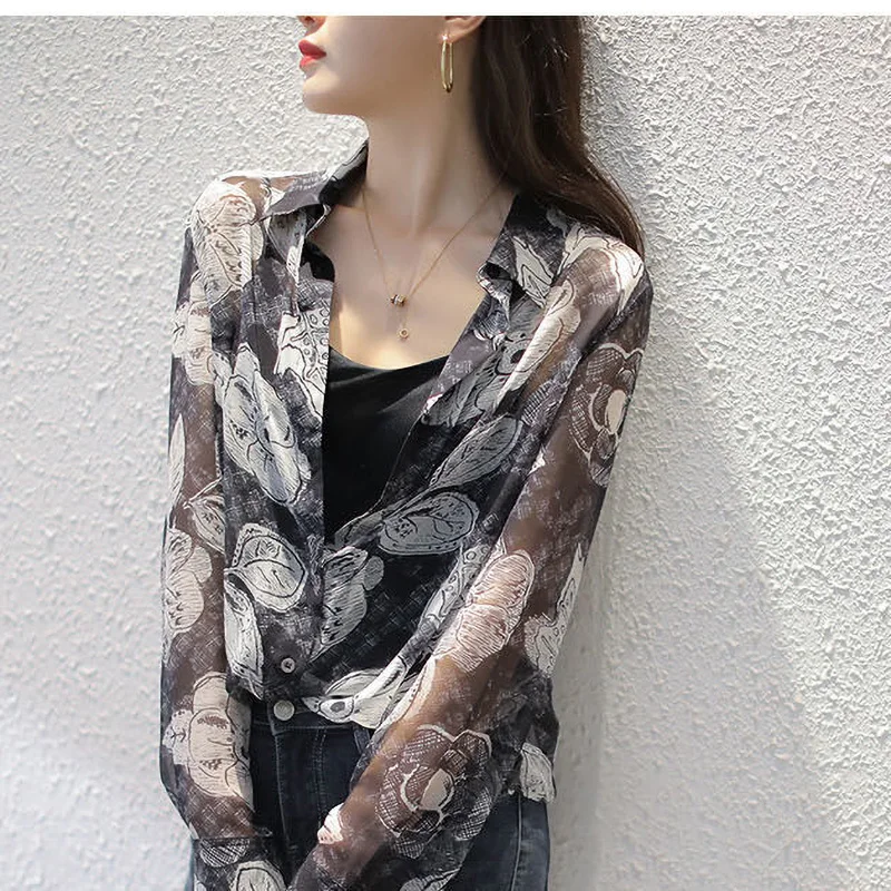 Fashion Printed Turn-down Collar Button Loose Casual Shirt 2023 Autumn New Plus Size Long Sleeve Tops Commute Women\'s Blouse