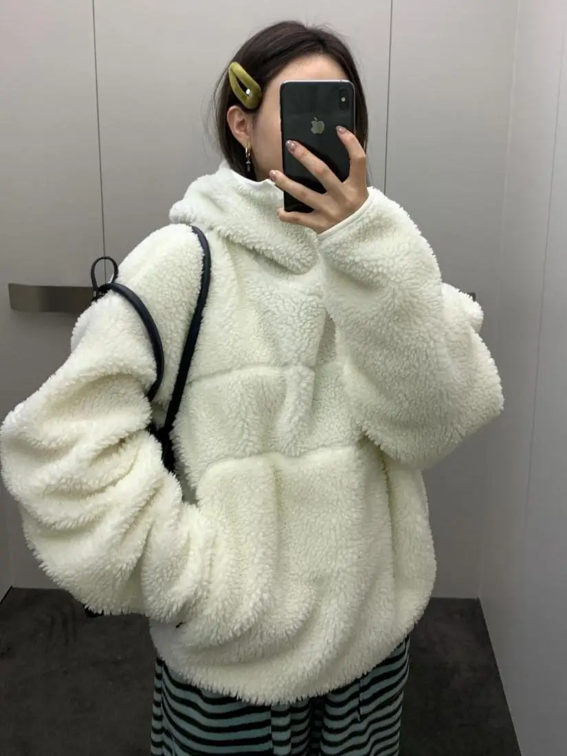 

Женская толстовка с капюшоном из меха ягненка, мягкий цвет, повседневная свободная зима-осень, модный топ на молнии