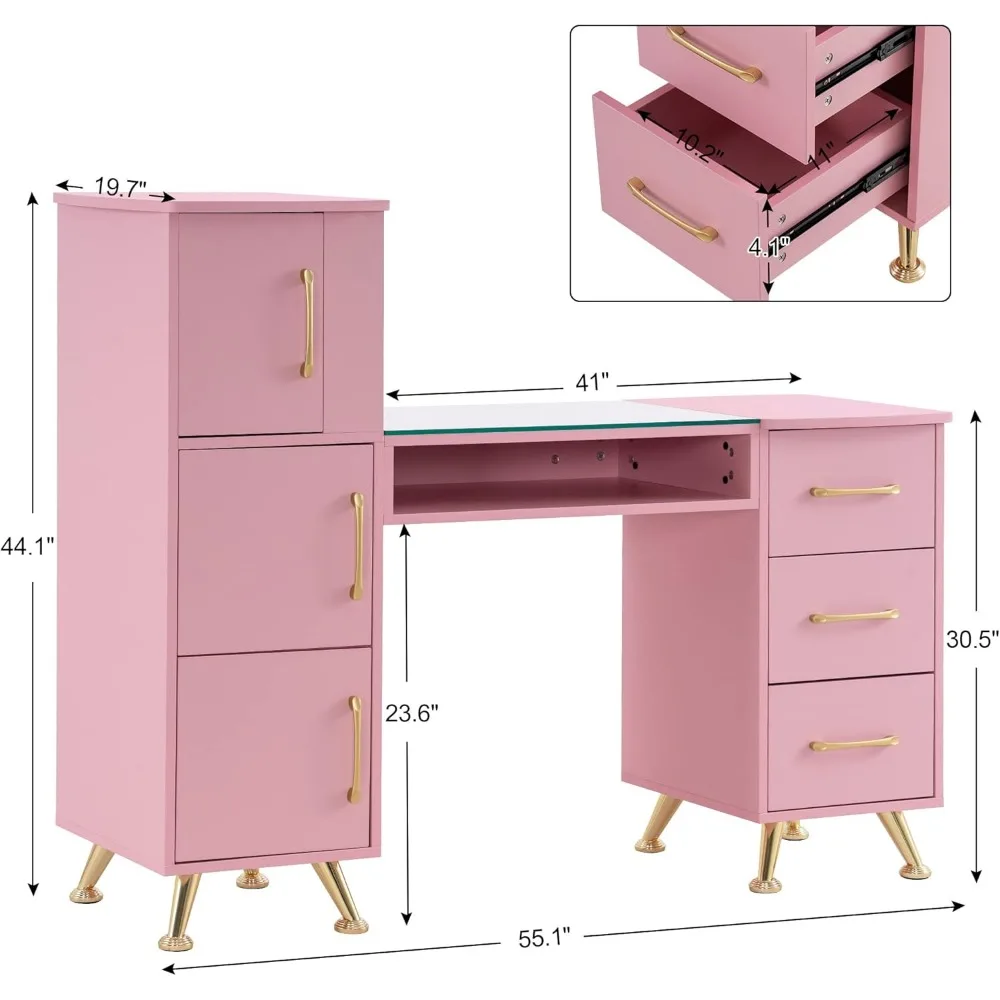 Table de manucure avec égouts de proximité, bureau de maquillage des ongles, station de travail de salon de beauté avec 8 pieds de support en fer, facile à nettoyer, rose