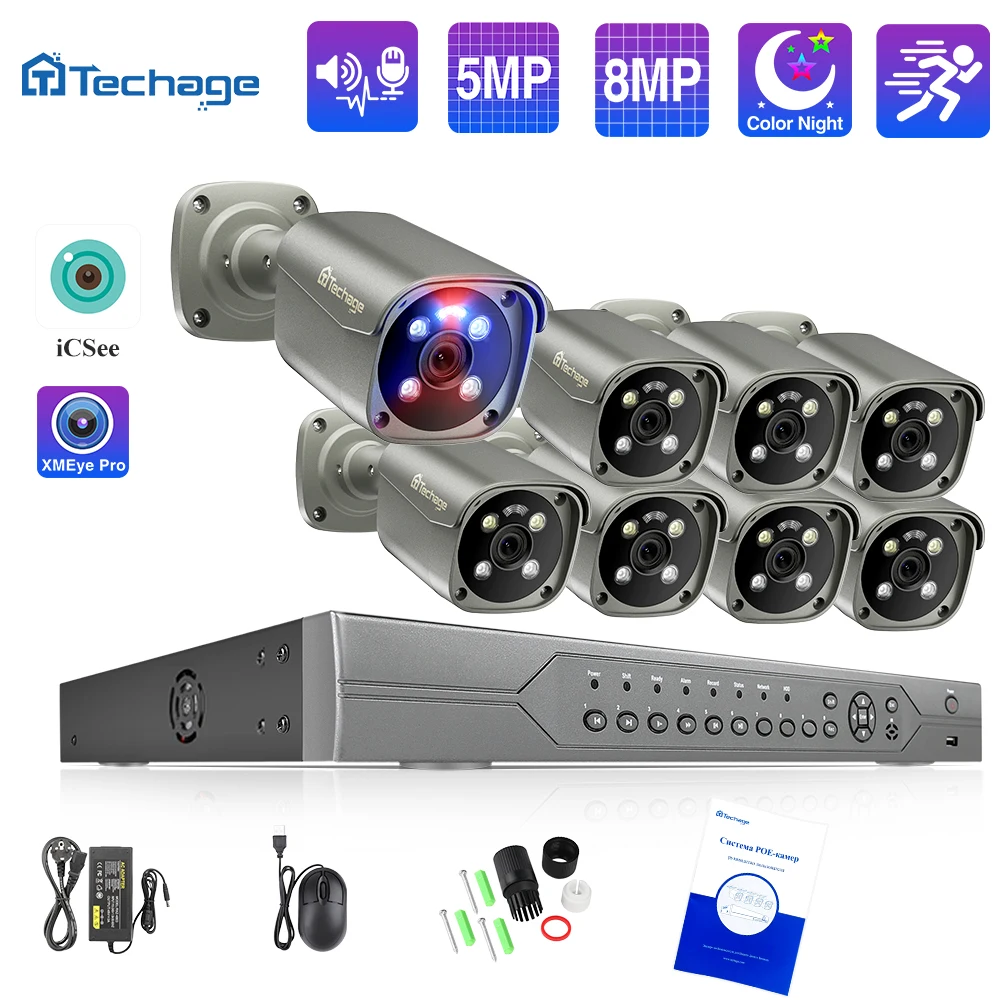 Techage 16CH 4K 8MP 5MP PoE CCTV NVR Kit IP Camera AI Face Human Detect 2-Way Audio Full Color Night H.265 ONVIF Surveillance