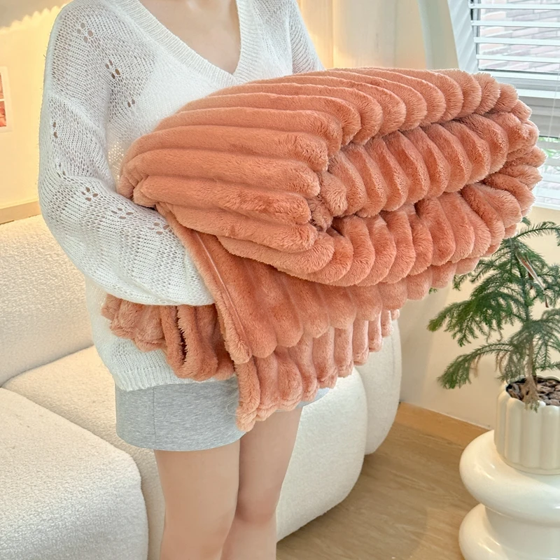 Luxury Ultra-Soft Warm Milk Flannel Throw Blanket for Couch Sofa Bed Teen Gift,Cozy Fluffy Plush Faux Rabbit Fur Striped Blanket