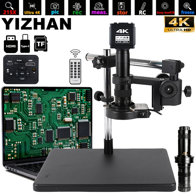Profesjonalny mikroskop przemysłowy 4K UHD do lutowania, cyfrowa kamera mikroskopowa HDMI USB z czujnikiem 1/1.8" IMX678, obiektyw 215X 150X