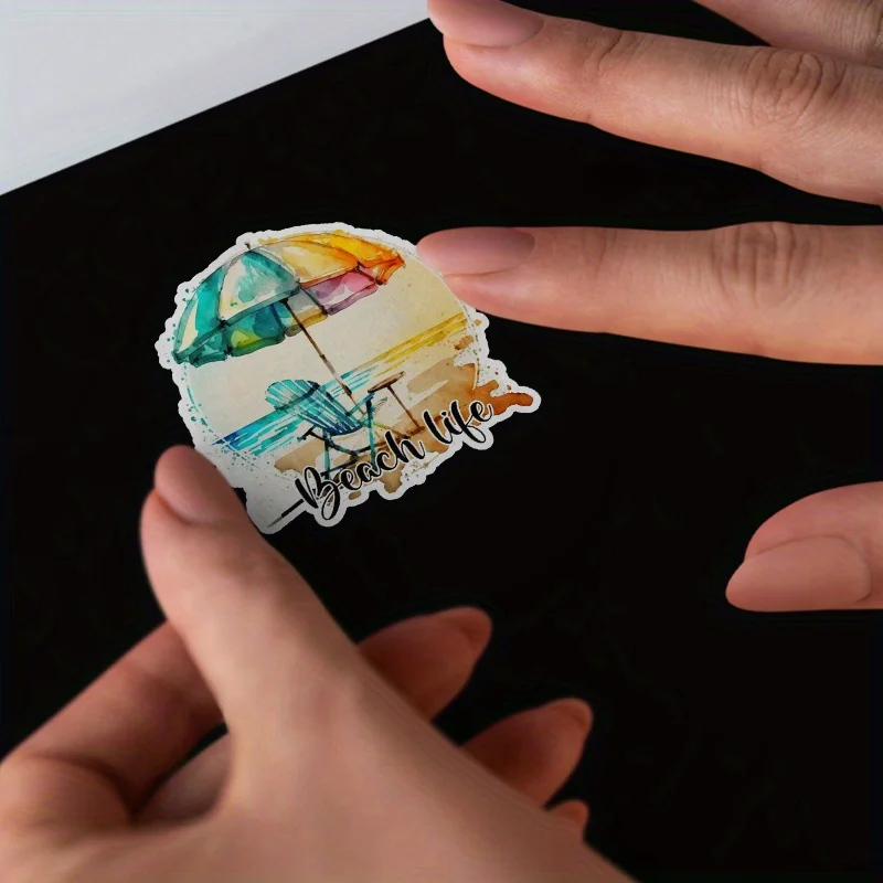 Beach life stickers with colorful umbrella and lounge chair designs, suitable for decorating laptops, water bottles, etc