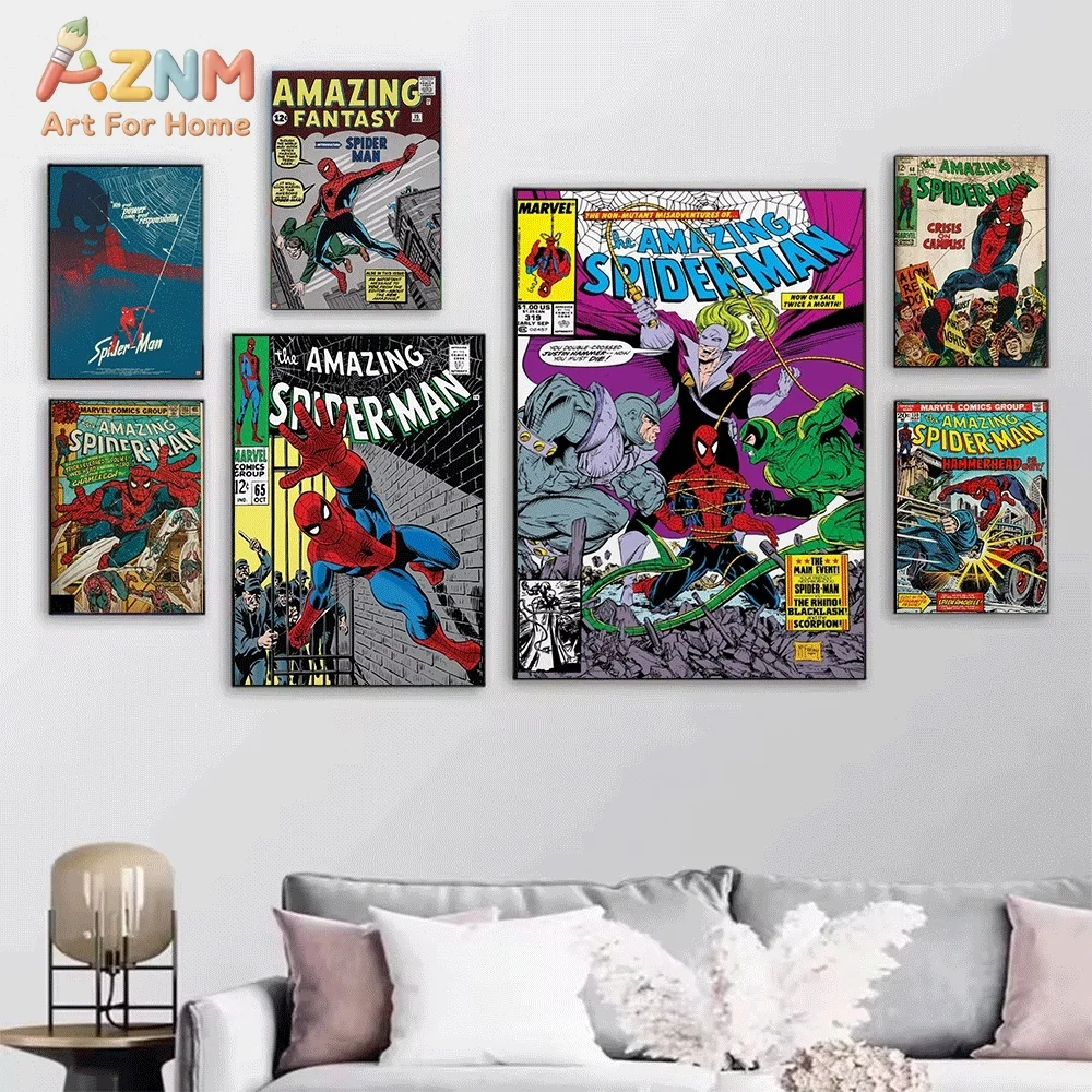 Vintage The Amazing Spider‑Man Comic Book Canvas Wall Art, Retro Venom Superhero Print Poster, Unframed Canvas Painting for Ho