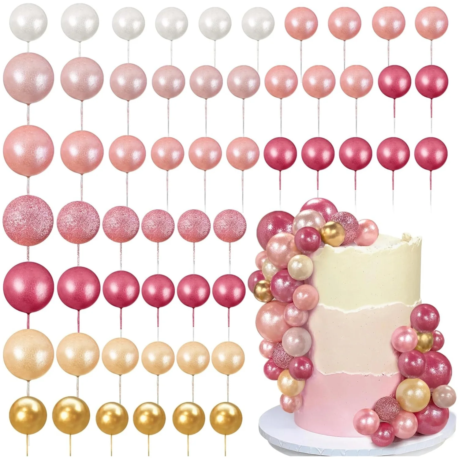 56 PCS Ball Cake Picks Colorful Ball Shaped Cake Topper Pearl Balls Cupcake Cake Insert Topper for Birthday Party Wedding Decora