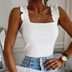 Camisetas sin mangas con cuello cuadrado para mujer, Tops informales de punto sólido, Tops con volantes ajustados acanalados básicos de verano