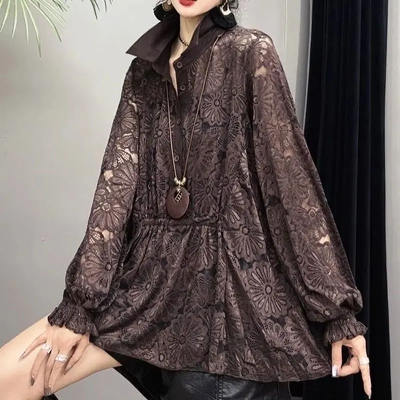 Stylish Lace Hollow Out Shirt Turn-down Collar Summer Long Sleeve Women\'s Clothing Button Solid Color Vintage Shirring Blouse