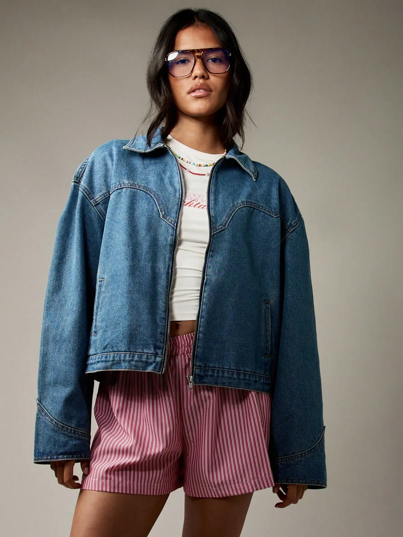

Oversized Relaxed Fit Denim Trucker Jacket with Western Yoke Design