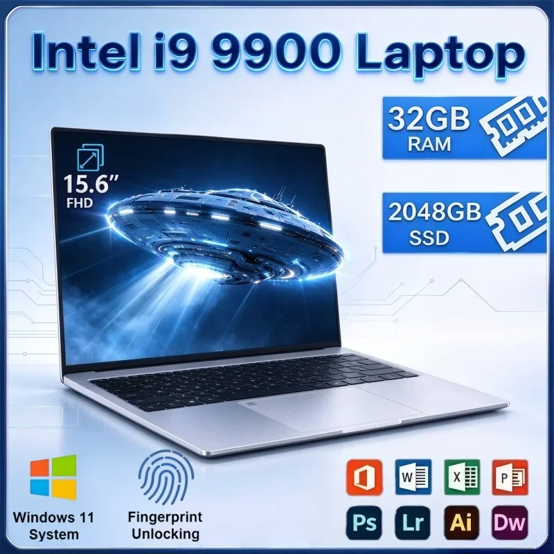 Portable 15.6 Inch Intel I9 9900 Laptop Windows 11 32GB RAM 2TB SSD Fingerprint Unlock Notebook For Daily Office Gaming Study