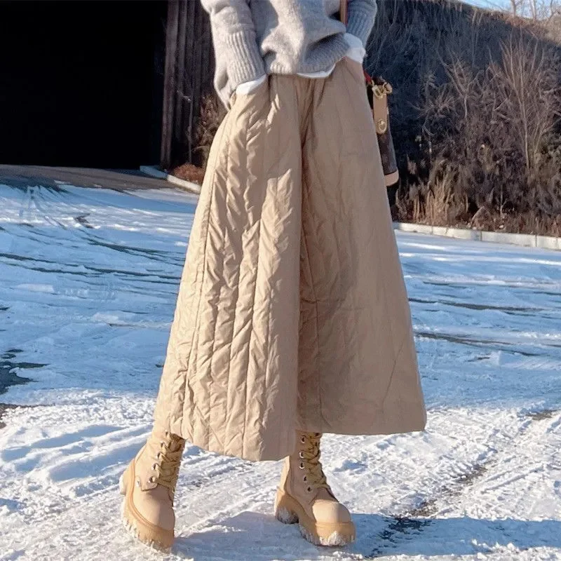 Fashion Elastic Waist Down Cotton Wide-Leg Pants Women Autumn Winter Pantskirt 2024 Khaki Keep Warm Puffer Loose Pants Female