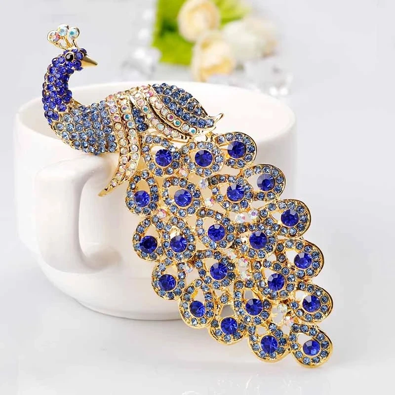 Fashion Beautiful Sapphire Blue Crystal Rhinestone Peacock Brooch for Women Bird Brooches Jewelry Pin Accessories Animal Brooch