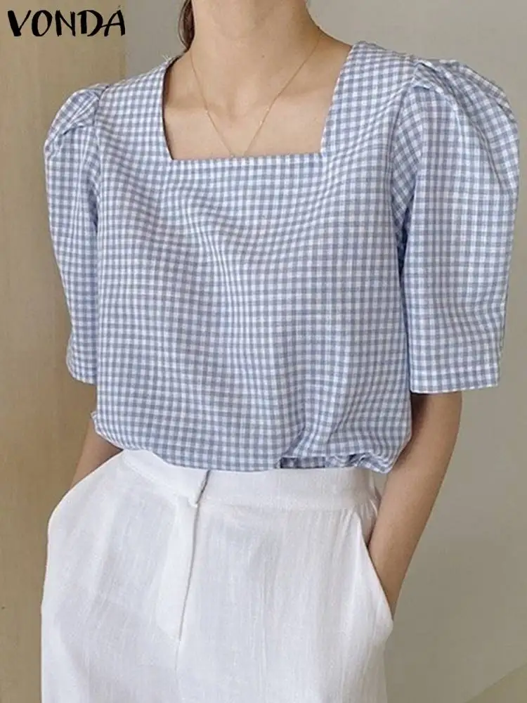 Women Plaid Blouse Summer Tops VONDA Fashion Casual Short Puff Sleeve Shirts 2024 Vintage Square Collar Loose Tunic Blusas Femme