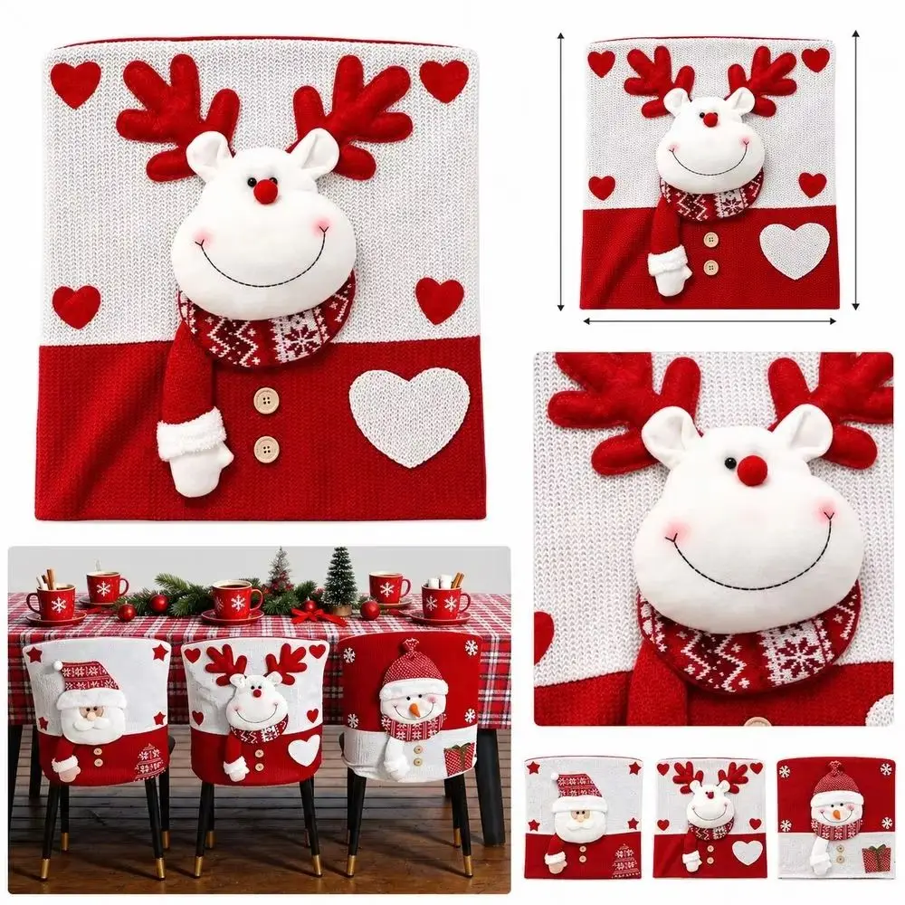Cartoon Christmas Chair Covers Snowman Reindeer Xmas Dinner Chair Seat Cover Decorative Removable Plush Stool Covers