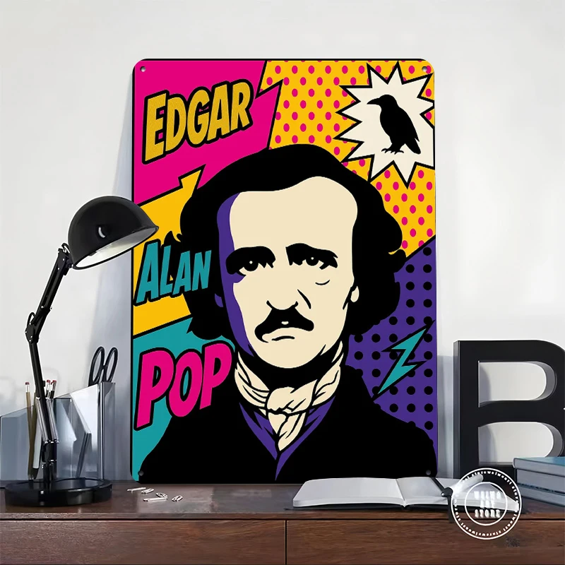 Edgar Allan Poe Pop Art Portrait Printed Poster Customized Wall Art Retro Vintage Metal Tin Signs for Gamer Room Decoration Home
