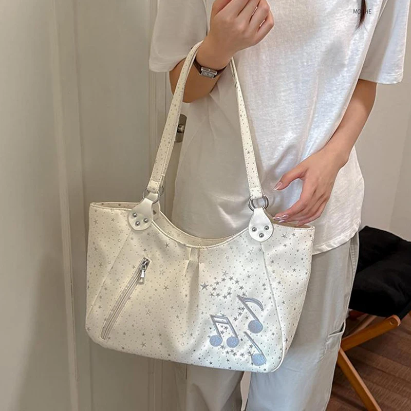 Handtasche mit seitlichem Reißverschluss und Musiknoten-Sternmuster, koreanische Nylon-Umhängetasche, süße, lässige, einfarbige Damen-Einkaufstasche für die Arbeit – Detail 8
