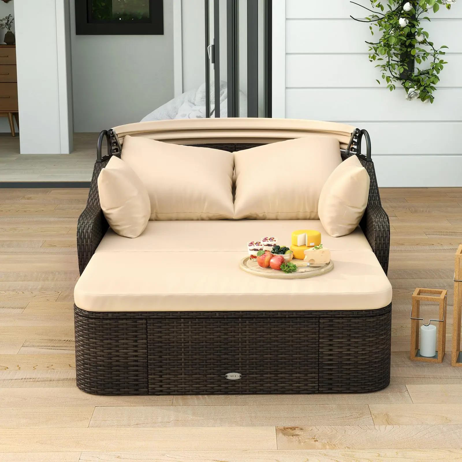 Moccha Outdoor Daybed with Retractable Canopy - PE Rattan Double Chaise Lounge w/ Soft Cushions, Pillows, Ottoman