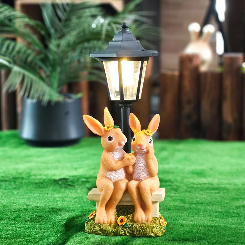 

Солнечный садовый светильник с фигуркой пары кроликов, шестиугольный, из смолы, для сада, газона, двора, атмосферный декоративный светильник