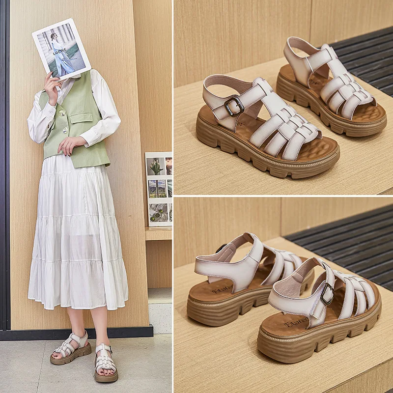 Summer Ladies Sandals Breathable Female Retro Platform Sandals Women's Fashion Flats Shoes 2023 New Woman Leather Hole Shoes